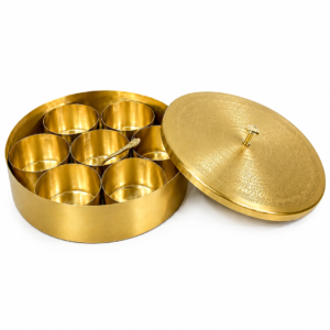 Pure Brass Masala Box with 7 Containers and Spoon – Traditional Handcrafted Brass Masala Dabba for Indian Kitchen Spice Storage