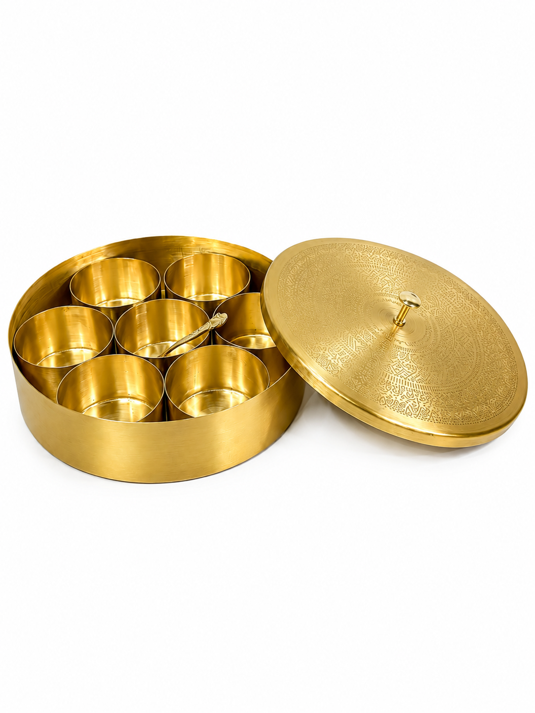 Pure Brass Masala Box with 7 Containers and Spoon – Traditional Handcrafted Brass Masala Dabba for Indian Kitchen Spice Storage
