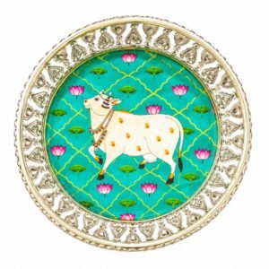 German Silver Pichwai Cow Design Decorative Plate for Pooja, Home Decor, Gifting and Festive Decoration